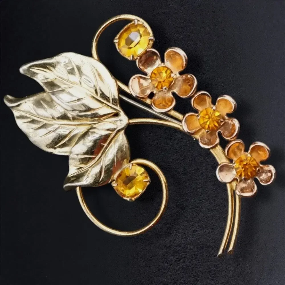 Vintage Sterling Silver Vermeil Flower Floral Spray Brooch Rhinestone Pin‎ 3